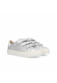 Silver leather sneakers with two Velcro straps, a white textured back heel, and a white rubber sole. Smooth finish with subtle perforations.