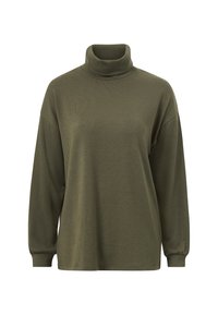 Olijfgroen langemouwen turtleneck trui, gemaakt van zacht breimateriaal, heeft een losse pasvorm en geribbelde manchetten voor extra textuur.