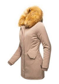 Beige insulated women's parka with a fur-lined hood, featuring a front zipper, two side pockets, and ribbed cuffs.