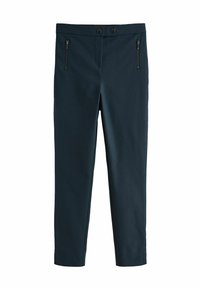 Námořnické modré kalhoty šité na míru se dvěma zipovými předními kapsami, dvěma knoflíkovými uzávěry a slim fit střihem. Hladká tkanina s matným povrchem.