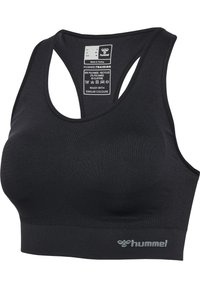 Zwarte sportbeha met een racerback ontwerp, gemaakt van een gestructureerd materiaal. Voorzien van een logo en een verzorgingslabel aan de binnenkant.