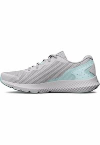 Zapatillas de running ligeras en material de malla gris con un acento turquesa en el talón, presentan una suela texturizada y cordones redondos.