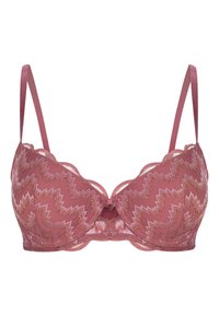 Lace bra in a rose hue, featuring zigzag patterns, scalloped edges, and a central bow accent. Thin adjustable straps complete the design.