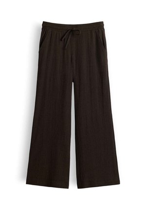 Dunkelbraune Weitbein-Hose mit elastischem Bund, Kordelzug und Seitentaschen, vor weißem Hintergrund dargestellt.