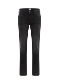 Svart denimjeans med rak passform, femfickdesign, subtil blekning och dragkedja. Tillverkade av bomullstyg med en mjuk textur.