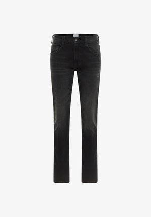 Black denim jeans with a straight fit, five-pocket design, subtle fading, and a zip fly. Made from cotton fabric with a soft texture.