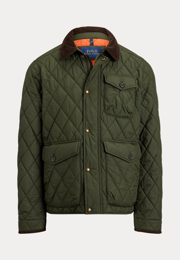 Veste matelassée verte avec col en velours côtelé marron, fermeture à boutons et à zip devant, trois grandes poches à boutons et doublure intérieure orange.