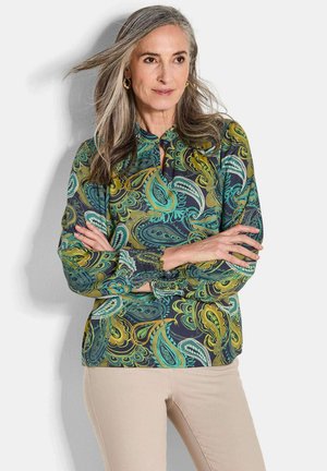 Langarmbluse mit Paisleymuster in Grün, Teal und Marineblau, mit einem Schlüsselloch-Ausschnitt und gerafften Ärmelbündchen.