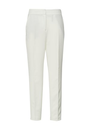 White tailored slim-fit trousers with waistband and crease details, designed for formal or professional wear.