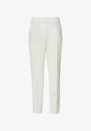 White tailored slim-fit trousers with waistband and crease details, designed for formal or professional wear.