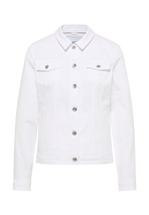 Weiße Jeansjacke mit langen Ärmeln, durchgehender Knopfleiste, spitzem Kragen und zwei mit Knöpfen verschließbaren Brusttaschen.
