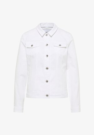 Weiße Jeansjacke mit langen Ärmeln, durchgehender Knopfleiste, spitzem Kragen und zwei mit Knöpfen verschließbaren Brusttaschen.