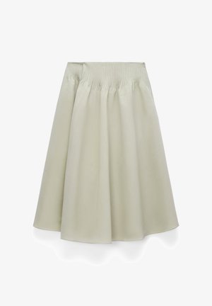 Beige Rock in hoher Taille und knielang mit am Bund gerafften Falten, ausgestellter Silhouette und glatter Stofftextur.