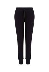 Zwarte sweatpants van zachte stof, met een elastische tailleband met een trekkoord, geribbelde boorden en een logo-detail aan de zijkant.