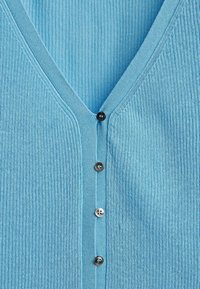 Light blue ribbed cardigan featuring a V-neck and five round brown buttons down the front. Soft knitted texture with subtle stretch.