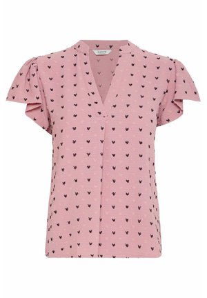 Ružová blúzka s krátkymi rukávmi a véčkovým výstrihom, s motívom malých námorníckych a svetloružových srdiečok, vyrobená z mäkkej tkaniny a s jemnými skladačkami na rukávoch.