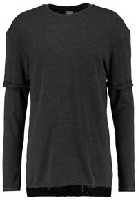 Dunkelgraues langärmliges Hemd mit weitem Ausschnitt, umgeschlagenen Bündchen, lockerem Sitz und unregelmäßigem Saum. Hergestellt aus weichem Baumwollmaterial.