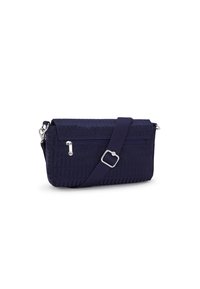 Borsa a tracolla blu navy realizzata in tessuto testurizzato, con una tasca frontale con zip, una tracolla regolabile e dettagli in hardware argentato.