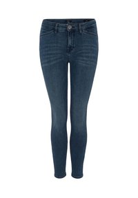 Úzké džíny z tmavě modrého denimu s hladkou texturou, vybavené zapínáním na zip a knoflík a designem s pěti kapsami.