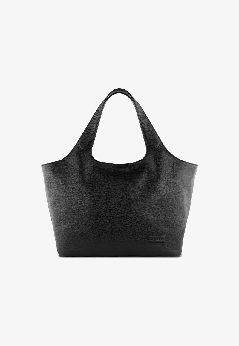 Borsa tote in pelle nera con finitura testurizzata, ampia apertura superiore, forma quadrata larga e manici corti, con un discreto logo sul lato.