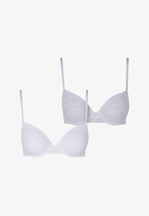 Zwei BHs: einer in reinem Weiß, der andere in einem hellen Grau mit einem subtilen strukturierten Muster. Beide haben verstellbare Träger und ein nahtloses, geformtes Cup-Design.