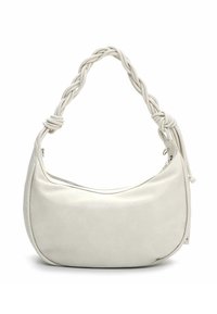 Sac hobo en cuir crème avec une forme incurvée, une anse tressée et une fermeture éclair. Texture lisse avec un détail de couture minimaliste.