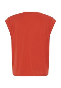 Vienkārša oranža īsroku krekla līdzenā izvietojumā, redzama mugura ar apaļu apkakli un taisnu apakšu.