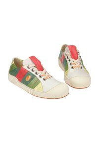 Multicolored sneakers with leather and synthetic materials. Features green, red, and yellow stripes, round logo, and white rubber sole.