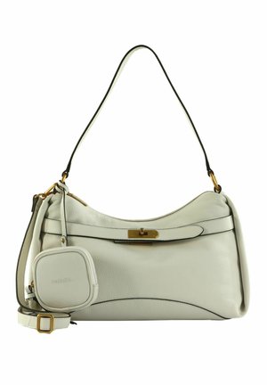 Sac à bandoulière en cuir blanc avec fermoir doré, sangle réglable et petite pochette carrée attachée embossée du mot "RIGARD".