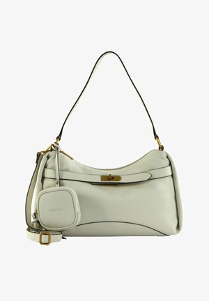 Sac à bandoulière en cuir blanc avec fermoir doré, sangle réglable et petite pochette carrée attachée embossée du mot "RIGARD".