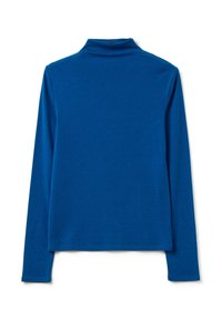 Long-sleeve top in bright blue, made of soft fabric. Features a high collar and a relaxed fit with a smooth texture and no visible patterns.