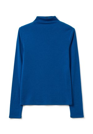Top a maniche lunghe di un blu brillante, realizzato in tessuto morbido. Presenta un colletto alto e una vestibilità comoda con una texture liscia e senza motivi visibili.