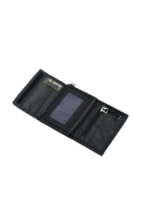 Portafoglio in tessuto nero aperto, con slot per carte, una finestra in rete per l'ID e un compartimento con zip. Include un'etichetta con il testo "Harry Potter".