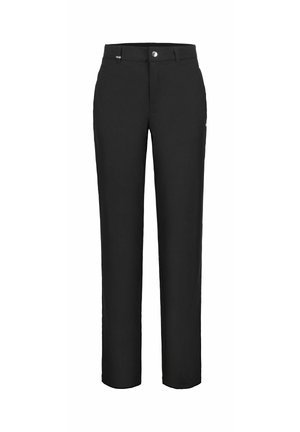 Black trousers made of a smooth, lightweight material. Features a button closure, belt loops, and straight-leg design. No visible patterns or accents.