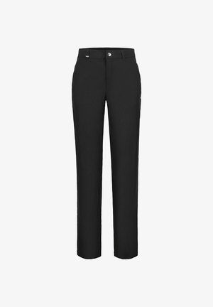 Pantalones negros hechos de un material liso y ligero. Presentan un cierre con botón, presillas para cinturón y diseño de pierna recta. Sin patrones o detalles visibles.