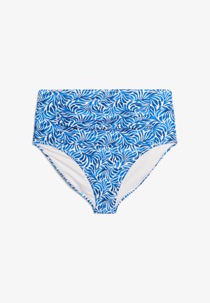 Bikinibroekje met hoge taille in blauw-wit abstract bladpatroon, gerimpeld voorpand en witte voering.
