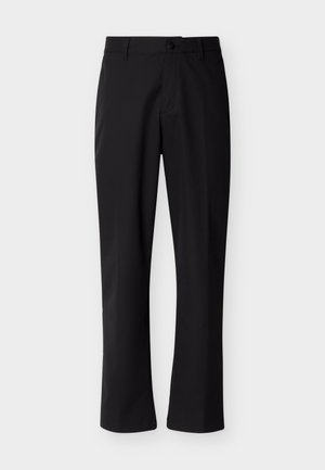 Črne ravne hlače z gumbi in zankami za pas, položene na ravno belo ozadje.