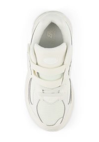 White sneaker featuring textile and synthetic materials, mesh panels, elastic straps, padded collar, and a textured sole for grip.