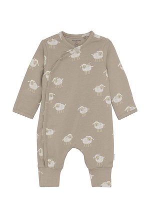 Taupefarbener Babykombinationsanzug mit langen Ärmeln und Druckknöpfen, gemustert mit kleinen weißen Cartoon-Schafen auf der gesamten Fläche.
