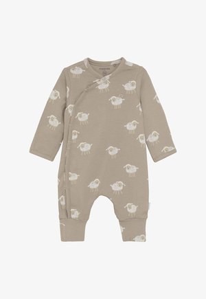 Taupe baby romper met lange mouwen en drukknoopjes, versierd met kleine witte cartoon-schapen overal.