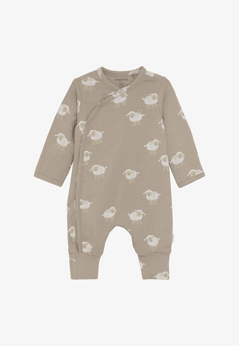 Taupefarbener Babykombinationsanzug mit langen Ärmeln und Druckknöpfen, gemustert mit kleinen weißen Cartoon-Schafen auf der gesamten Fläche.