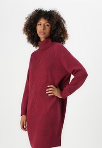 Frau mit lockigem Haar, die ein bordeauxfarbenes Turtleneck-Kleid mit Rautenmuster trägt und mit einer Hand auf der Hüfte steht.