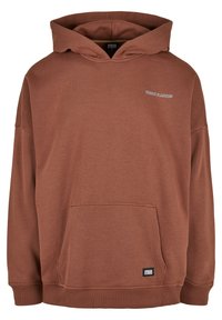 Sweat à capuche marron oversize avec poche kangourou devant et petits logos "Urban Classics" sur la poitrine et la poche.