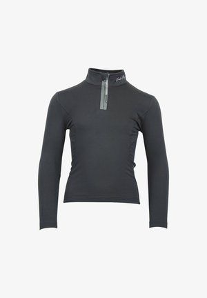 T-shirt de sport à manches longues, noire, avec un col montant, une demi-fermeture éclair et des accents gris contrastants. Fabriqué à partir d'un tissu extensible et évacuant l'humidité.