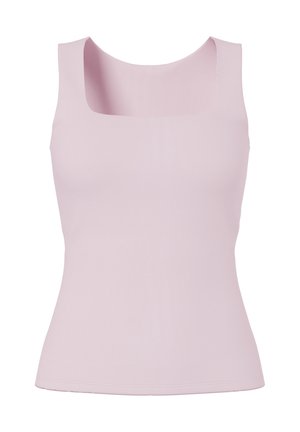Lyserød ærmeløs dame top med firkantet udskæring og tætsiddende talje på hvid baggrund.