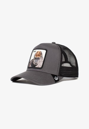 Gorra gris con una parte trasera de malla, con un parche cuadrado de la cara de un gorila y el texto "BOSS" encima. Visera curva y detalles en negro.
