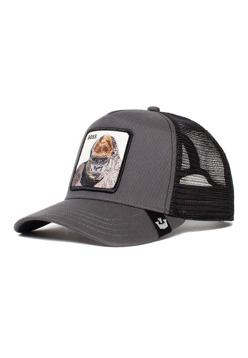 Gorra gris con una parte trasera de malla, con un parche cuadrado de la cara de un gorila y el texto "BOSS" encima. Visera curva y detalles en negro.