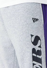 Pantaloni corti atletici grigi realizzati in tessuto morbido, con un grande logo nero, pannelli laterali in rete viola e un piccolo emblema del marchio.
