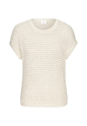 Beiger Kurzarm-Strickpullover mit Rundhalsausschnitt und strukturiertem offenem Strickmuster.