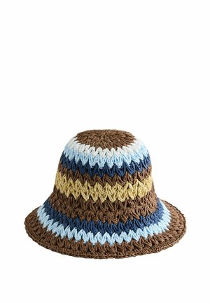 Gehäkelter Bucket Hat mit breiter Krempe in braun, blau, hellblau, weiß und gelb gestreift.